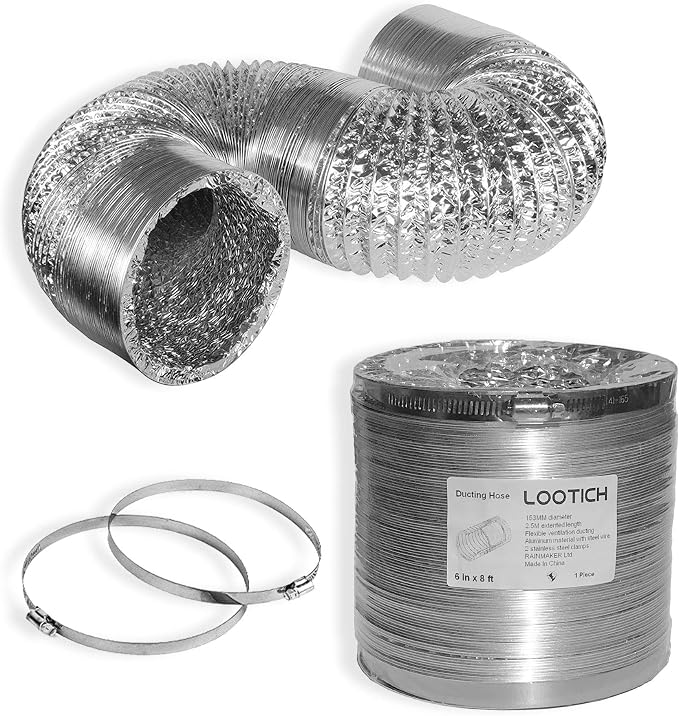 Flexibler Aluminium-abluftschlauch, Lüftungskanal Ø 153 Mm, Länge 2,5 M, Montagesatz Für Bad, Küche, Wäschetrockner Mit 2 Stahlschlauchschellen
