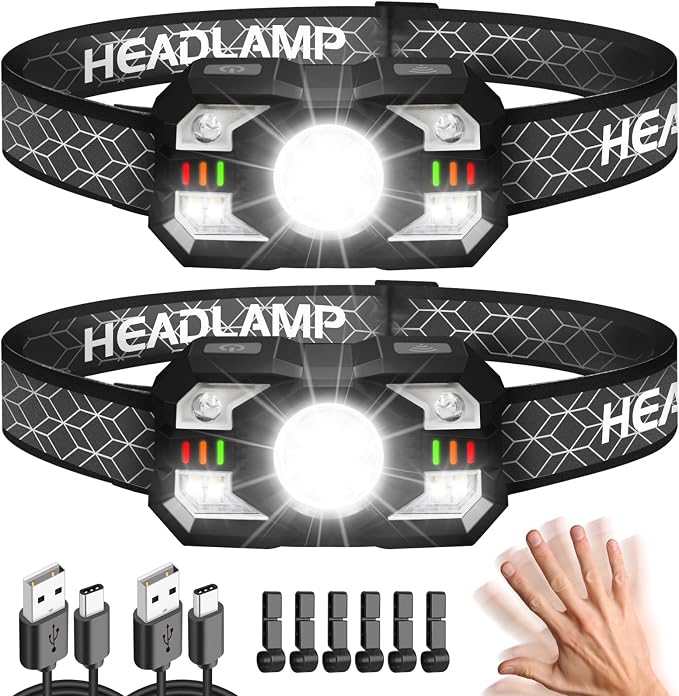 Hyted 2er-pack Stirnlampe, Extrem Leistungsstarke 2000 Lumen Led-stirnlampe, 10 Leuchtmodi, Ipx5 Wasserdicht, Usb-aufladbar, Bewegungssensor, Ideal Zum Angeln, Campen, Radfahren Und Laufen