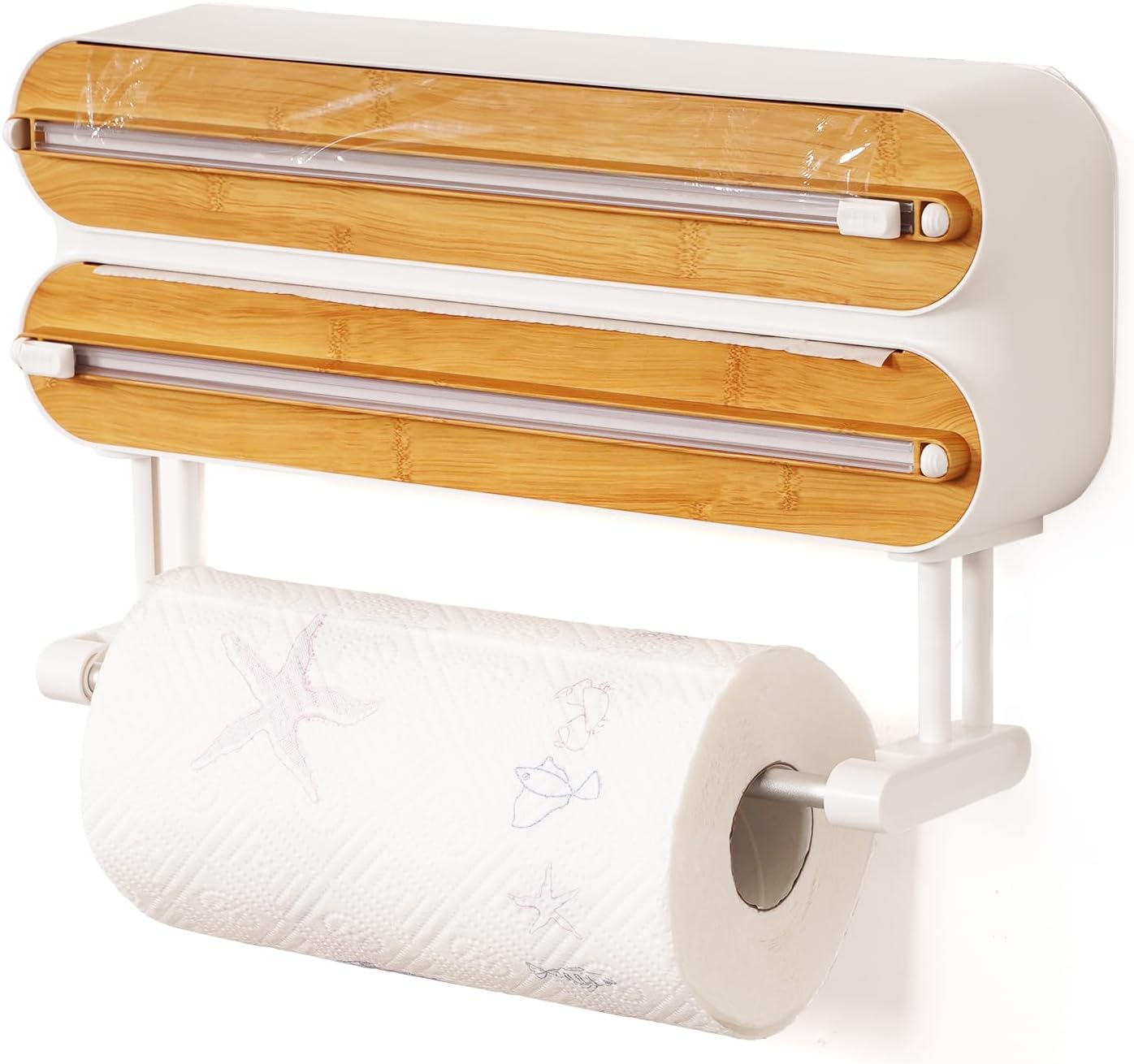 3-in-1-lebensmittelfolienspender Mit Lebensmittelfolie, Magnetischem Spender Für Aluminiumfolie Und Folie Mit Schneidevorrichtung (bambus- Und Holzoptik)