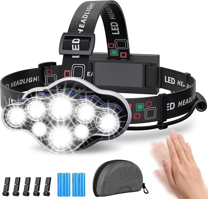 Mliaimce Stirnlampe, 18.000 Lumen, 8 Leds, 8 Leuchtmodi, Extrem Leistungsstark, Usb-wiederaufladbar, 90° Verstellbar, Wasserdicht Und Leicht – Ideal Zum Angeln, Campen, Lesen Und Wandern.