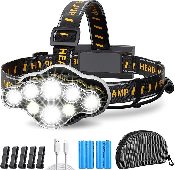 Extrem Leistungsstarke Led-stirnlampe, 18.000 Lumen, 8 Leds, 8 Leuchtmodi, Usb-aufladbar, 90° Verstellbarer Abstrahlwinkel, Ipx4 Wasserdicht, Die Perfekte Stirnlampe Für Camping, Angeln, Höhlenforschu