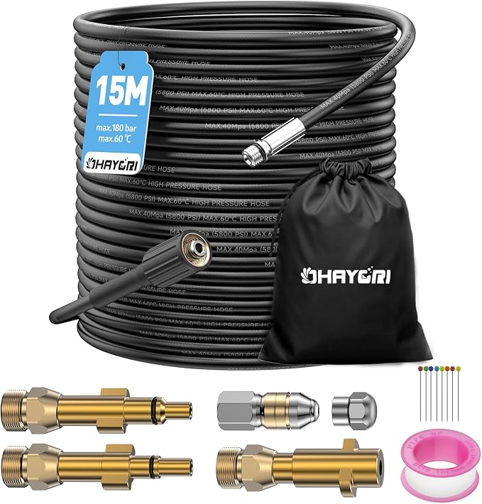 15 M Hochdruck-rohrreinigungsschlauch Für Kärcher K2-k7 Hd Hds, Lavor, Bosch, Parkside, 180 Bar Profi-rohrreinigungsset Mit Starren Und Rotierenden Düsen + 3 Robusten Kupferadaptern