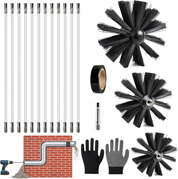 3 Nylon-bürstenköpfe (100 Mm, 150 Mm, 200 Mm) Und 12 Flexible Stangen (410 Mm) Schornsteinreinigungsset Für Holzöfen Mit 150-mm-schornsteinbürste, Geeignet Für Schornsteine, Rauchrohre Und Wäschetroc
