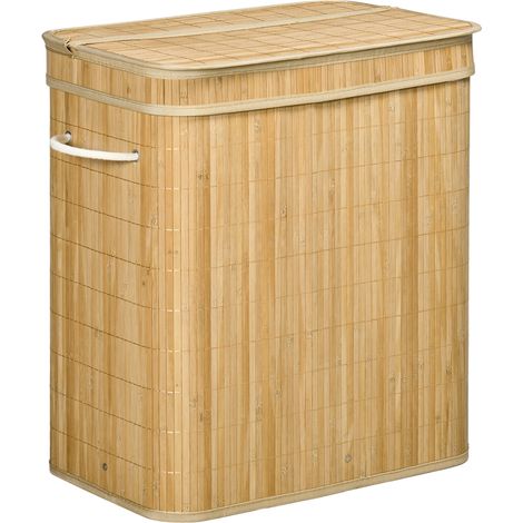 Wäschekorb Aus Bambus Mit Deckel Und Griffen, 90 Liter Fassungsvermögen, 2 Fächer Und Herausnehmbarer Stofftasche – 54,2 X 35,2 X 59,5 Cm