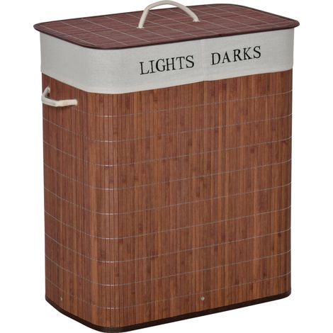 Wäschekorb (100 L), Wäscheauffangbehälter, Wäschebox Mit 3 Griffen Und Herausnehmbarem, Waschbarem Wäschebeutel, Bambus, Baumwolle, Metall, Braun + Weiß, 52 X 32 X 63 Cm