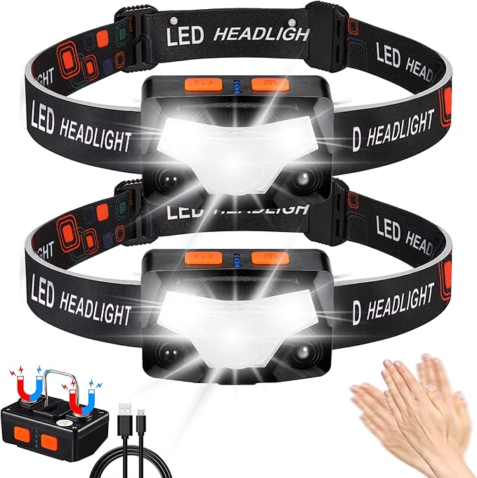Hyted Ultra Powerful Led-stirnlampe Im 2er-pack, 2000 Lumen, Usb-wiederaufladbar, Mit Bewegungssensor, Leicht Und Wasserdicht, 14 Leuchtmodi Für Laufen, Camping Und Angeln