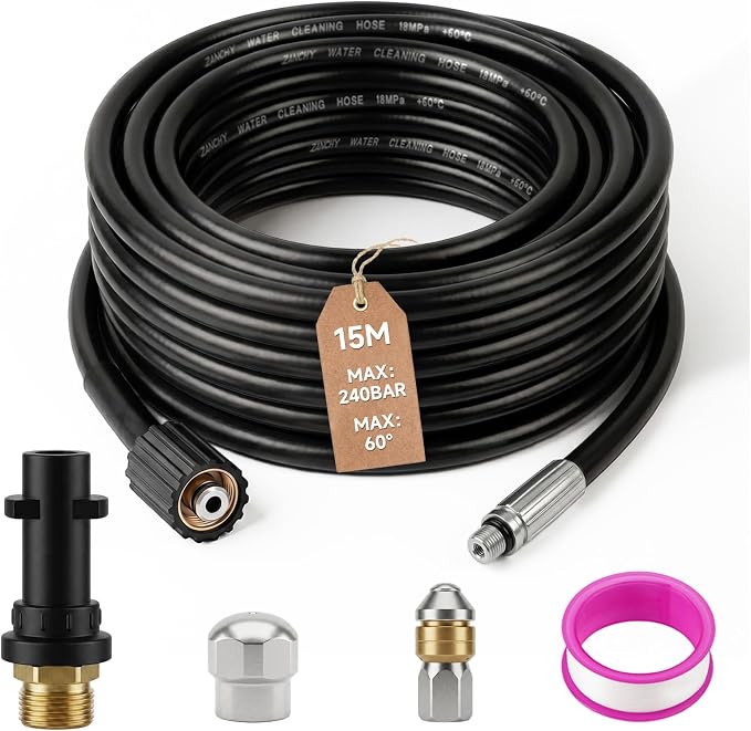 15 M Abflussreinigungsschlauch, Kompatibel Mit Kärcher Hochdruckreinigern, Mit Strahl- Und Rotationsdüse, 240 Bar, 60 °c. Professionelles Abflussreinigungsset, Kompatibel Mit Kärcher K2, K3, K4, K5, K