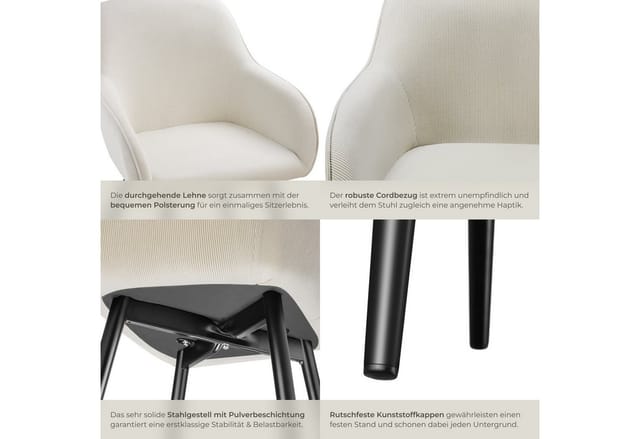 tectake Esszimmerstuhl Küchenstuhl Marilyn, Cordoptik, gepolstert (Set, 6 St), Große Sitzschalen mit durchgehender Arm- und Rückenlehne