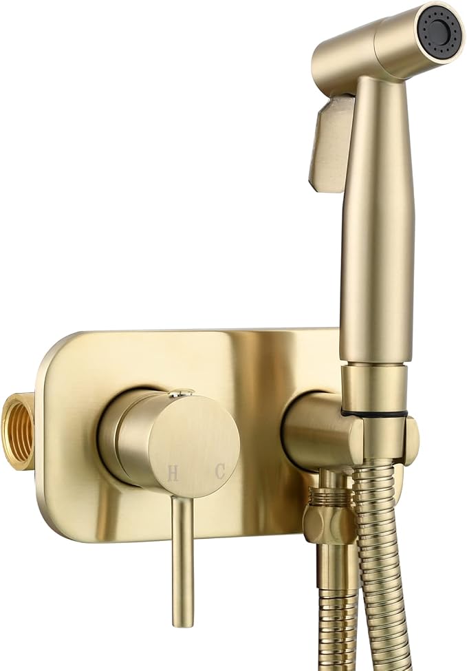 Tecmolog Edelstahl-bidet-duschset – Wandmontage Für Dusche Und Wc – Warm- Und Kaltwasser – Handbrause Mit 1,5 M Brauseschlauch, Gebürstetes Gold, Ws024j2f2