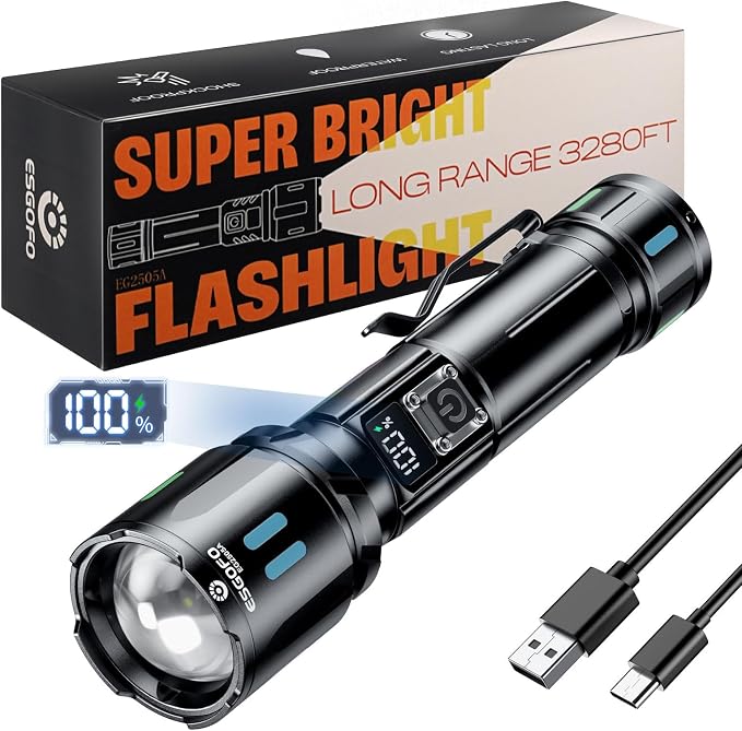 Esgofo Ultra-led-taschenlampe Mit 1.000.000 Lumen, Usb-c-wiederaufladbar, Hohe Reichweite, Taktisches Design, Zoomfunktion, 3 Leuchtmodi, 15 Stunden Akkulaufzeit, Ideal Für Camping, Wandern Und Notfäl