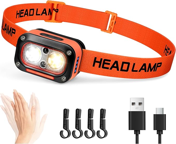 Darkbeam Ultra-leistungsstarke, Wiederaufladbare Led-stirnlampe, Weißes, Gelbes Und Rotes Licht, Stirnlampe Für Bauhelme Mit Bewegungssensor, Wasserdicht Für Camping, Wandern Und Arbeit