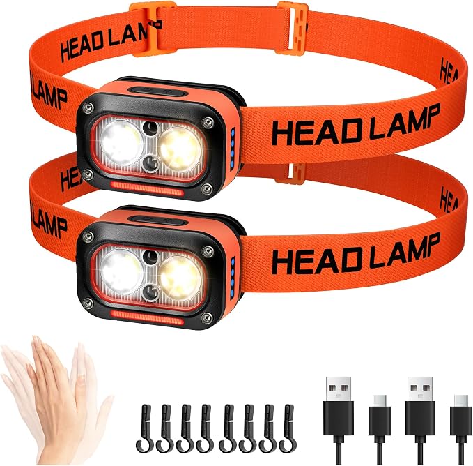 Darkbeam Ultra-leistungsstarke, Wiederaufladbare Led-stirnlampe, Weißes, Gelbes Und Rotes Licht, Ideal Für Bauhelme, Mit Bewegungssensor, Wasserdicht Für Camping Und Arbeit, 2er-pack