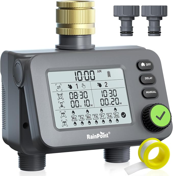 Rainpoint Bewässerungscomputer Mit 2 Ausgängen, Messinganschluss, Programmierbarer Gartenzeitschaltuhr Mit Regenverzögerung, Automatischem Digitalem Bewässerungssystem Und Ip54-wasserschutz