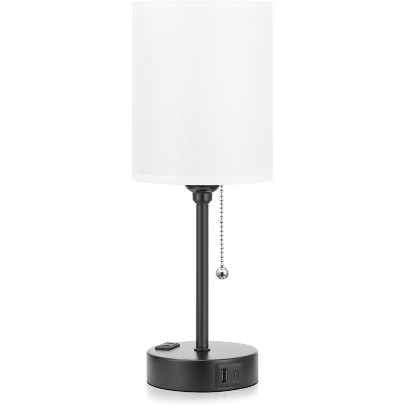 Kompakte Nachttischlampe Fürs Schlafzimmer – 3 Farbtemperaturen, Usb-c- Und Usb-a-anschlüsse, Zugschalterlampe Mit Netzstecker