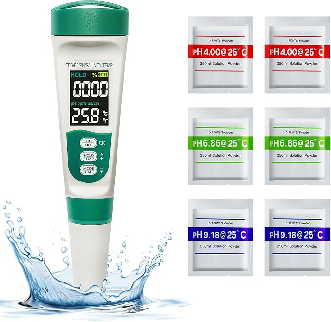 Cuteefun Elektronisches Ph-meter, 5-in-1 Pool-tester-set, Ph/tds/ec/salzgehalt/temperatur-tester, Va-hintergrundbeleuchtungsdisplay, Pool-salztester, Für Trinkwasser, Aquarium Und Schwimmbad