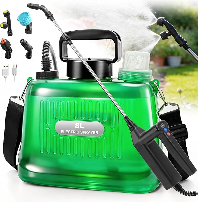 Sideking 8l Elektro-gartenspritze, 3 Geschwindigkeitsstufen, 4 Düsen, Teleskoplanze, Akku-betrieben, Für Unkrautbekämpfung, Rasen Und Einfahrt – Transparentgrün