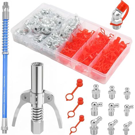 272-teiliges Schmiernippel-sortiment M6, M8, M10 Mit Abdeckung, Gerader Schmiernippel 45°, 90°, 180°, Fettpressenkupplung Mit 30 Cm Schlauch, Hydraulik-schmiernippel