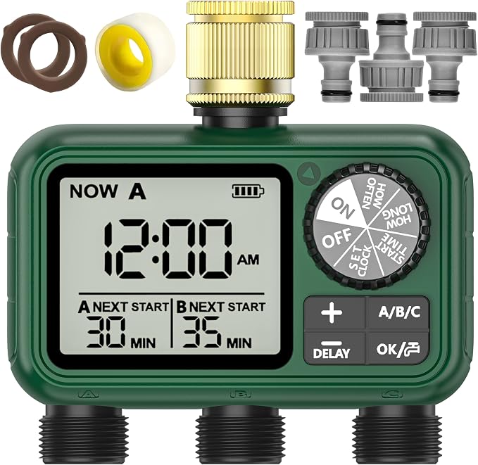 3-wege-bewässerungstimer Mit Messinganschluss, Großem Lcd-display, Automatischer Gartenbewässerung, Programmierbarer Bewässerung, Einfacher Bedienung, Regenverzögerung, Manueller Gartenbewässerung