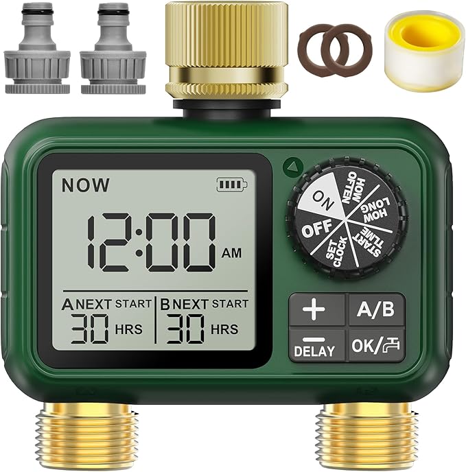 Bewässerungsuhr Mit Zwei Funktionen, Messing-ein- Und -auslass, Großem Lcd-display, Automatischer Gartenbewässerung, Programmierbarer Bewässerung, Einfacher Bedienung, Regenverzögerung Und Manueller B