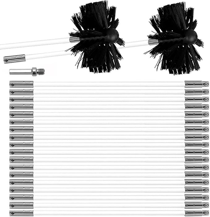 Schornsteinreinigungsbürsten-set, Verstellbares Schornsteinbürsten-set, Schornsteinreinigungswerkzeug Mit 20 Flexiblen Stäben Und 2 Bürstenköpfen (150 Mm)