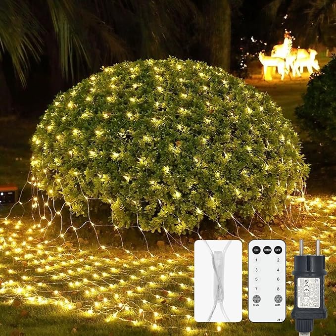 Liyade Lichterkette Für Den Außenbereich, 2 X 2 M, 144 Warmweiße Leds, Wasserdicht, Mit Fernbedienung Und 8-stufigem Timer, Für Gartensträucher