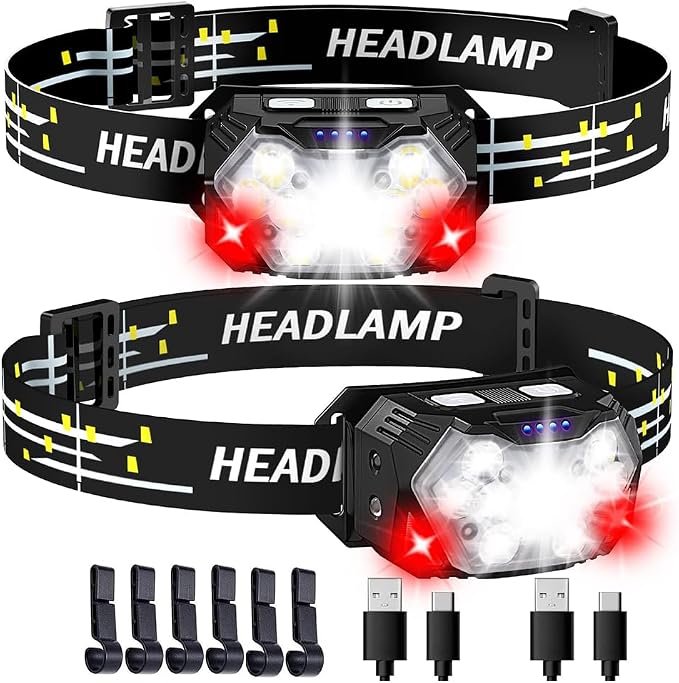 Wiederaufladbare Led-stirnlampe, 5000 Lumen, 9 Leds, Batteriebetrieben, Mit Rotlicht Und Bewegungssensor, 7 Beleuchtungsmodi, Ipx6 Wasserdicht, Für Wartungsarbeiten, Angeln (2)