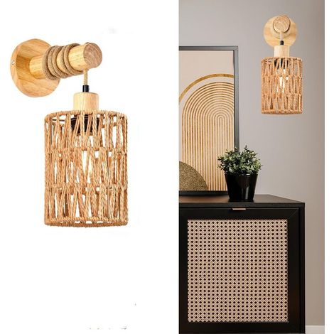 Zylindrische Wandleuchte Aus Rattan, Landhausstil, E27-fassung, Lampenschirm Aus Rattan, Dekorative Wandleuchte, Ideal Für Schlafzimmer Und Hotel (khaki, Ohne Leuchtmittel)