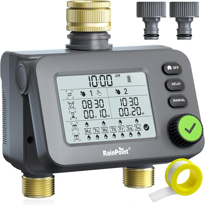 Rainpoint Bewässerungsuhr Mit Zwei Ausgängen, Automatischer Bewässerungstimer Mit Messing-ein- Und -auslass, Regenverzögerung/automatik- Und Manueller Modus, Ip54 Wasserdicht/großes Lcd-display, Für D