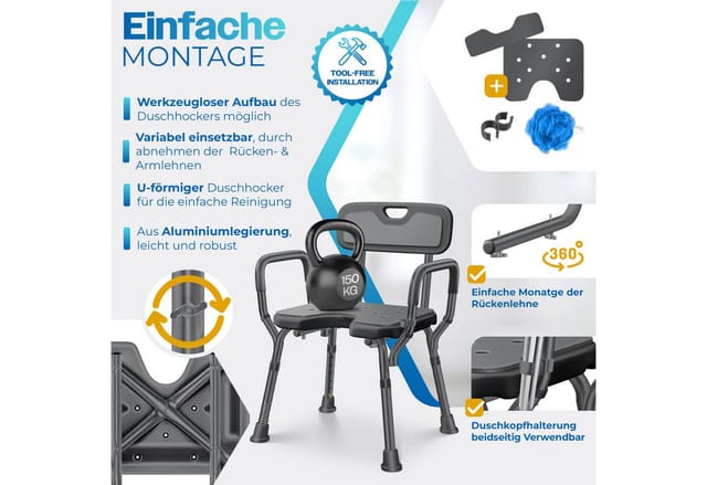 KESSER Badhocker Duschhocker mit Lehne höhenverstellbar in 6 Stufen 38-54cm (Duschstuhl mit Brausehalterung, Anti-Rutsch Füße & Matten), Duschsitz 150KG belastbar Duschhilfe Senioren & Schwangere