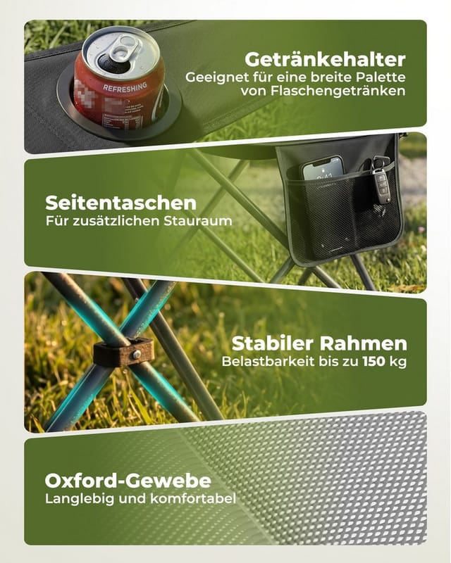 Homecall Campingstuhl Hochlehner 108cm Mit Lendenwirbelstütze Klappstuhl Angelstuhl Faltbar, (bis 150kg, Gepolstert, Faltbar, Stabil, 1 St), Für Camp Garten Balkon (schwarz)
