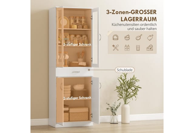 HOMCOM Küchenbuffet mit verstellbar Regal, Schublade, 2 Schrank, Soft-Close-Funktion (Vitrinenschrank, 1-St., Hochschrank) für Küche, Esszimmer, Wohnzimmer 60 x 35 x 180 cm Weiß