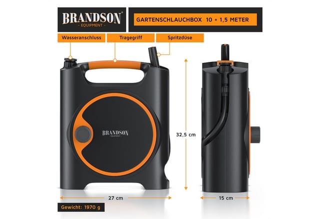 Brandson Wandschlauchbox Schlauchaufroller Wandbox, 10m Gartenschlauch 11 mm Ø, Schlauchtrommel, (Set, inkl. Spritzdüse, Wasserhahnanschluss), ½ Zoll Schnellkupplung, Spritzdüse, Trommel für Garten Terrasse Hof