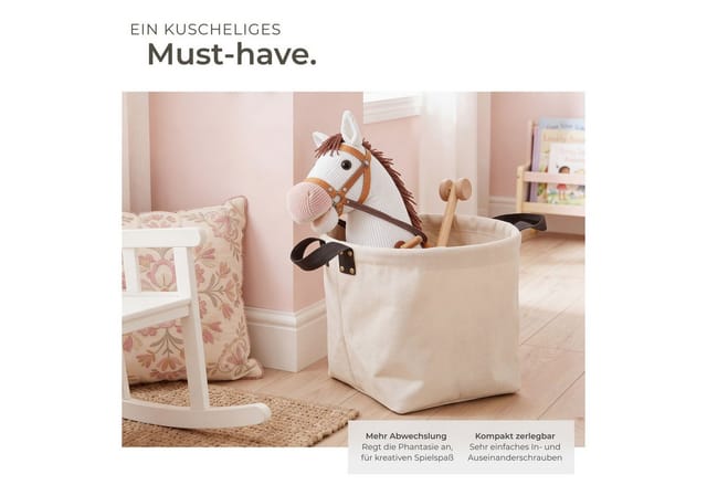 tectake Steckenpferd Hobby Horse mit Rollen - Detailreiches Design für Kinder, (Stockpferd in Weiß, 1), Stabiler Holzstab mit Doppelrolle für leichtes Gleiten