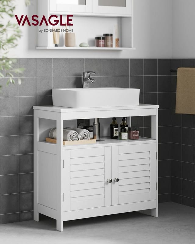 VASAGLE Waschbeckenunterschrank Unterschrank, Badezimmerschrank, mit 2 Lamellentüren, 30 x 60 x 60 cm (1er Set) 2 Fächer, viel Stauraum, modern, weiß