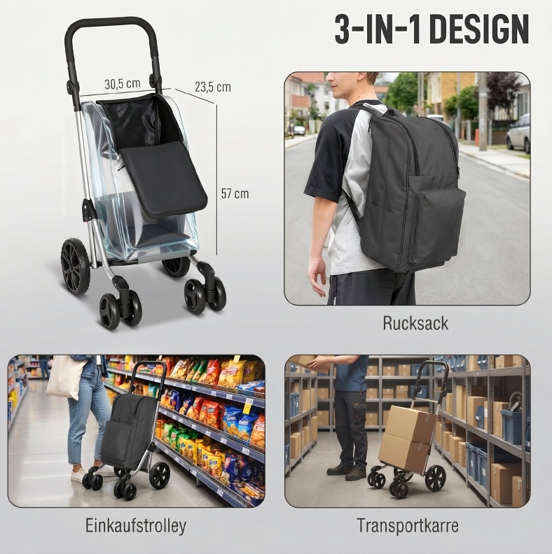 Klappbarer Einkaufstrolley 58 × 44 × 100 Cm, Polyester Dunkelgrau, 46 L – Meubliv