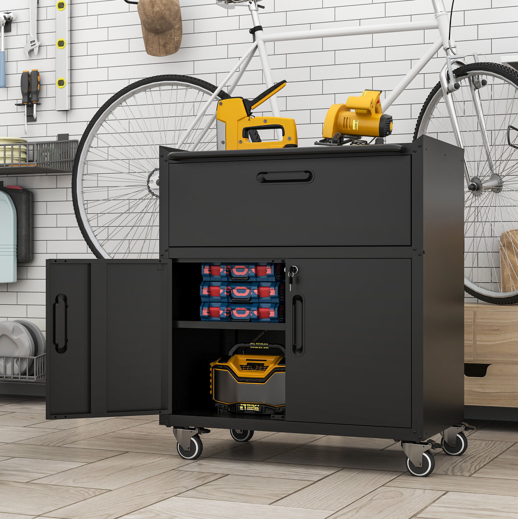 Werkzeugschrank Auf Rollen 75 X 42 X 88 Cm Aus Schwarzem Metall, 1 Schublade – Meubliv