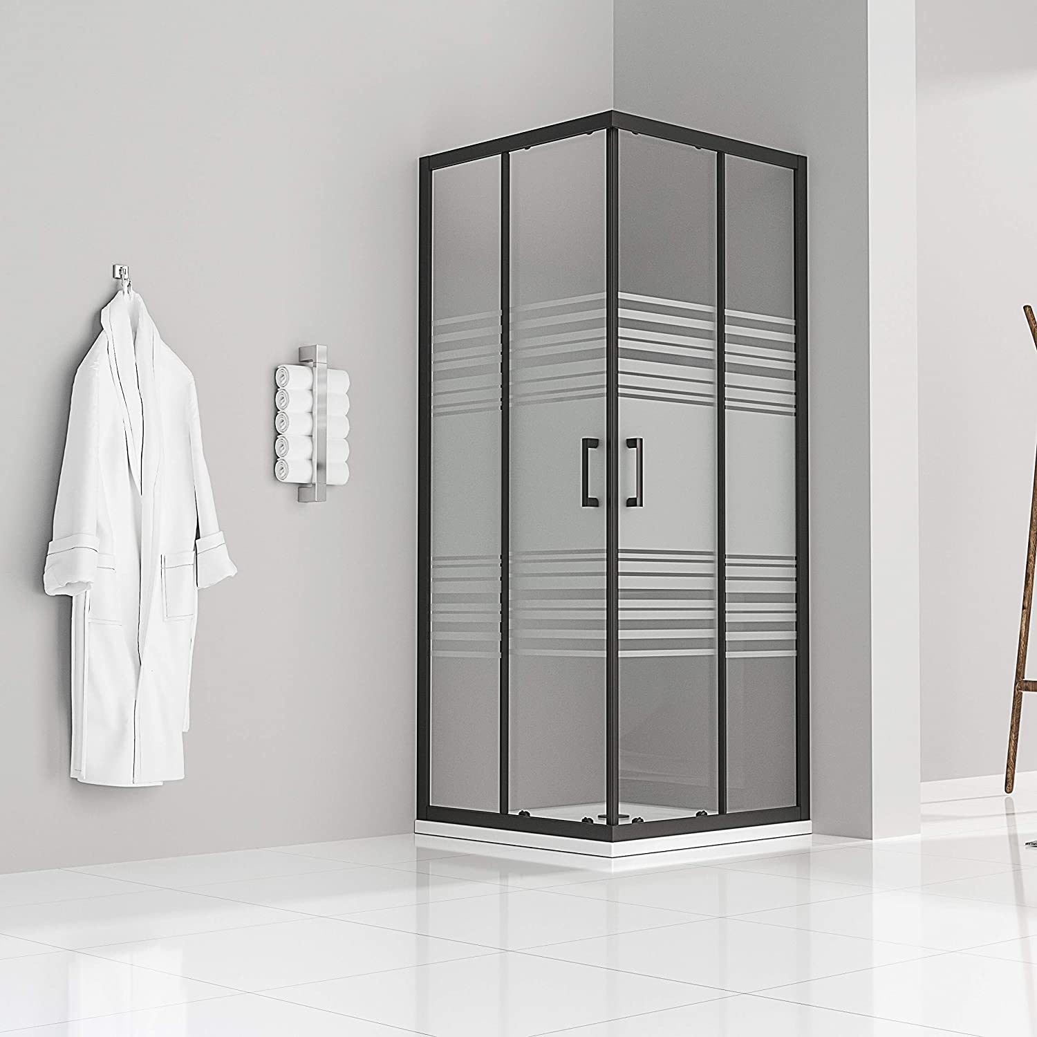 Duschkabine Mit Schiebetüren Eckdusche Mit Rollensystem Aus Teilsatiniertem Esg Glas 185cm Hoch Mit Schwarzen Profilen Dk79 90x90 Cm