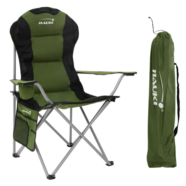 Hauki Campingstuhl Faltstühl faltbar mit Getränkehalter & Tragetasche bis 150kg (1 St), Klappstuhl 56x95x110 cm Khaki Angelstuhl mit Hochlehner Gepolster