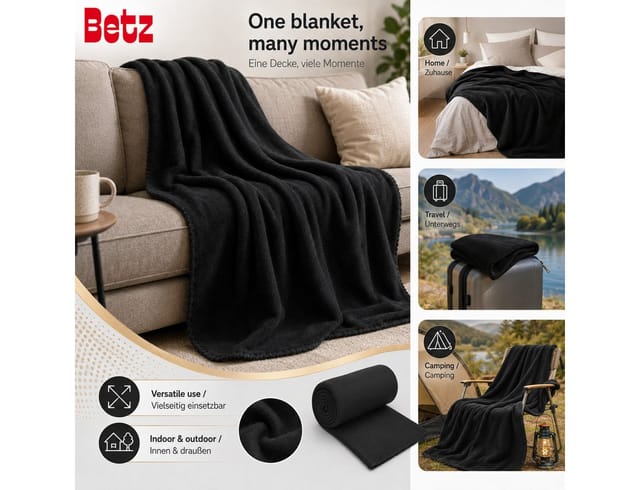 Wohndecke Luxus Fleecedecke Kuscheldecke Größe 130x170 cm Farbe schwarz, Betz, Qualität 180 g/m