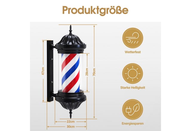 Barberpub Außen-Wandleuchte BarberPub Barber Pole Barbierstab, Barbershop Friseurstange 70CM, L054, LED fest integriert, Weiß und Schwarz, Rot, Blau und Weiß, Barbier Stange Licht, Energie Sparen