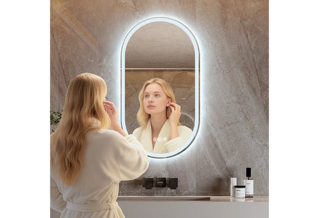 Yorbay Badspiegel groß mit Beleuchtung, LED Knopfschalter, Antibeschlag, Oval Design, 80x50CM, Ohne Rahmen