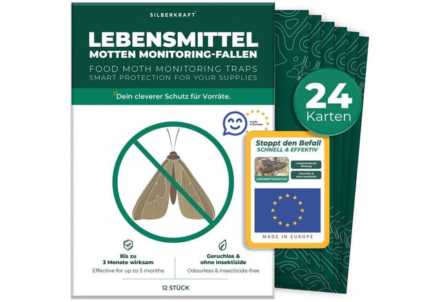 Silberkraft Insektenfalle Lebensmittelmottenfallen 12 Stück inkl. Gratis E-Book per QR-Code, Pheromon-Leimfallen zur Befallsüberwachung von Lebensmittelmotten