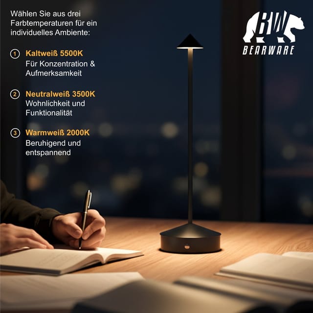 BEARWARE LED Tischleuchte kabellos, stufenlos dimmbar, 3 Lichtfarben, Akku 3600 mAh, Touch, Dimmfunktion, Ein-/Ausschalter, Farbwechsel, mehrere Helligkeitsstufen, LED fest integriert, Kaltweiß, Neutralweiß, Warmweiß, USB-C Ladeeingang, Memory-Funktion, 11,5 h Leuchtdauer