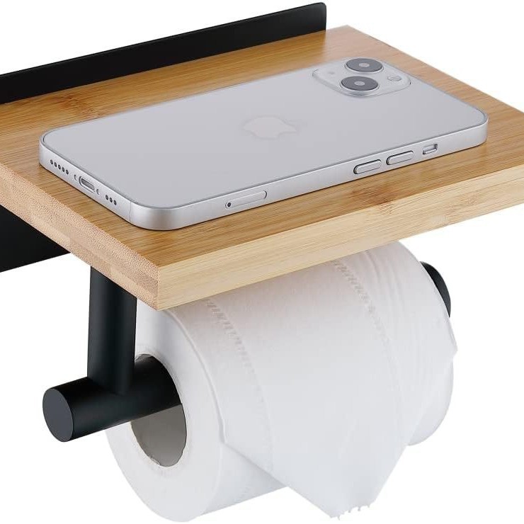 Toilettenpapierhalter Mit Ablage Aus Natürlichem Bambus, Toilettenpapierhalter Fürs Badezimmer Ohne Bohren, Mattschwarzer Toilettenpapierhalter, Schwarz