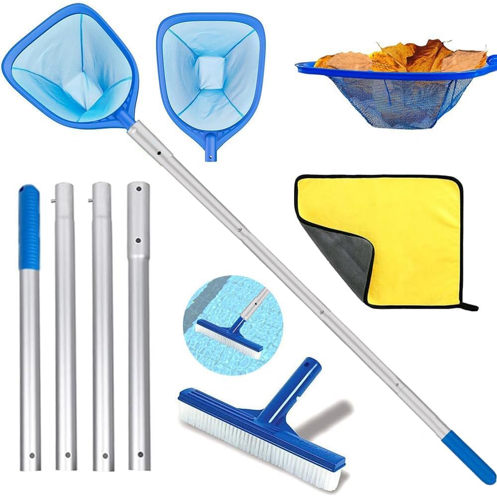 Schwimmkescher Mit Teleskopgriff, Extrafeinmaschiger Schwimmkescher Mit Poolbürste, Poolreinigungsset Mit Poolbürste Und Reinigungstuch