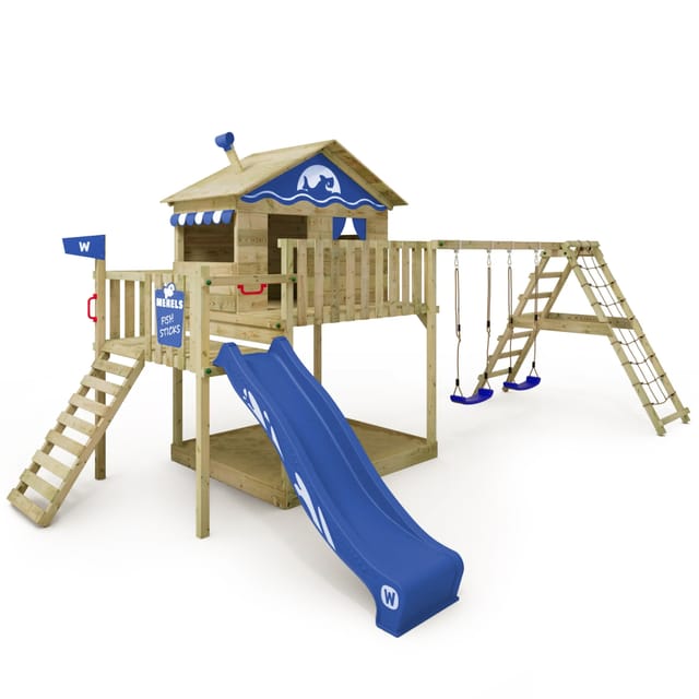 Wickey Spielturm Smart Ocean – Abenteuer-Stelzenhaus mit Rutsche & Kletteranbau, Wetterfestes & langlebiges Holz – mit 10 Jahren Garantie*