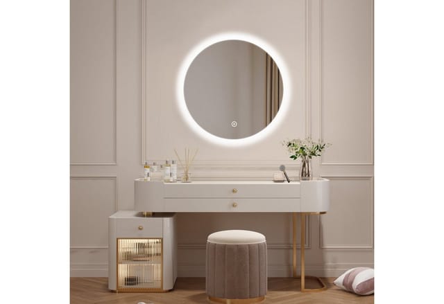 WDWRITTI Schminkspiegel Kosmetikspiegel mit LED beleuchtung Rund 60cm 50cm Wandmontage (Wandspiegel Badspiegel, Touch, Wandschalter), 3000/4000/6500K, Helligkeit dimmbar, Memory