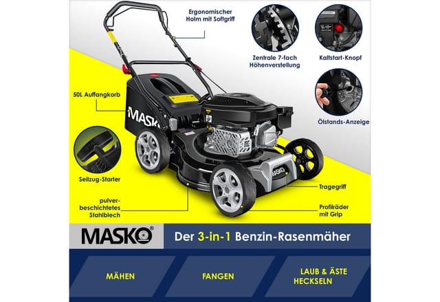 MASKO Benzinrasenmäher Rasenmäher 42cm Schnittbreite, 42 cm Schnittbreite, mit Radantrieb, 4-Takt-Motor & Mulch-Funktion inklusive Fangkorb