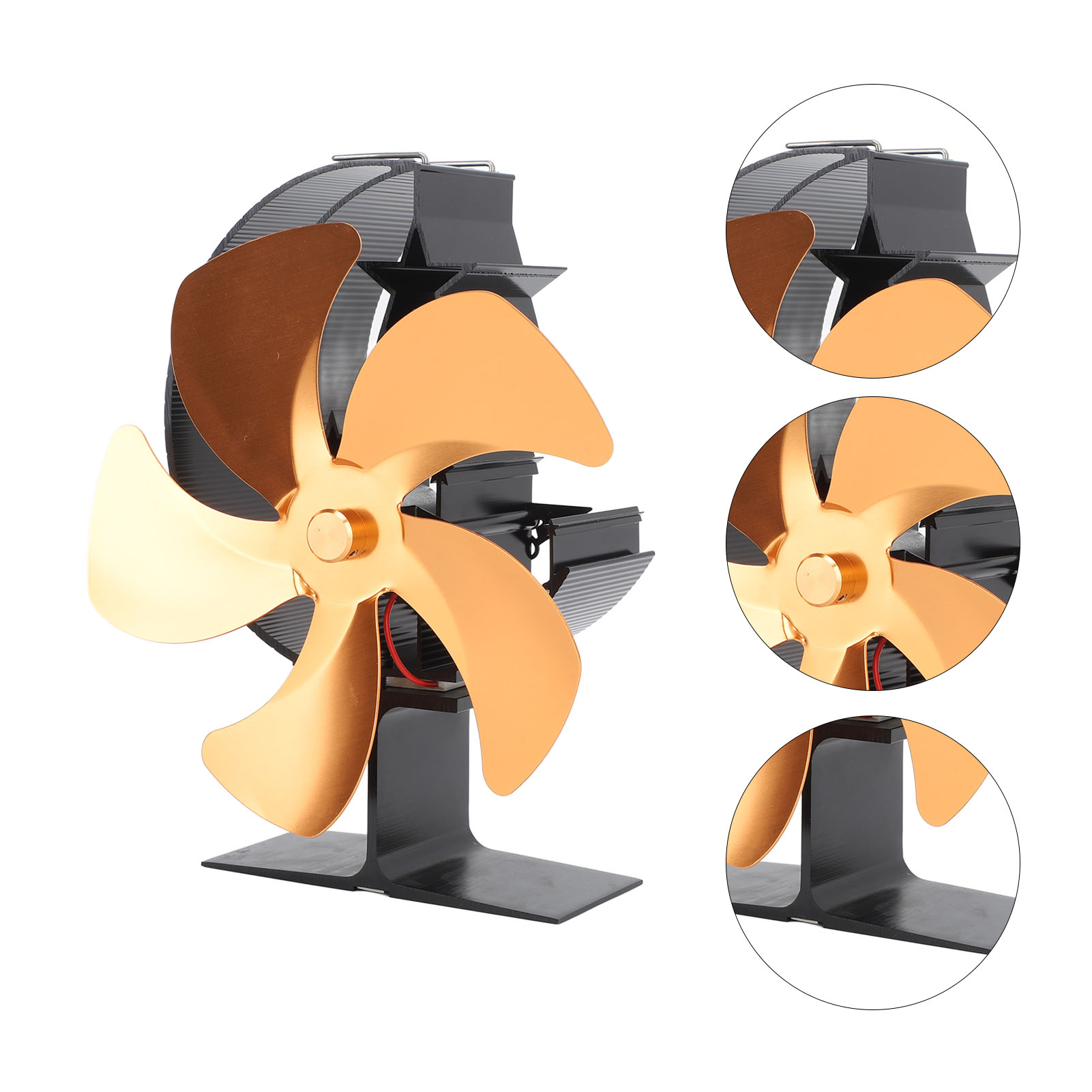 Kaminventilator Mit 5 Flügeln, Extrem Leise, Luftzirkulation, Energiesparend, Wärmebetrieben, Geeignet Zum Eisangeln Und Campen, Gold