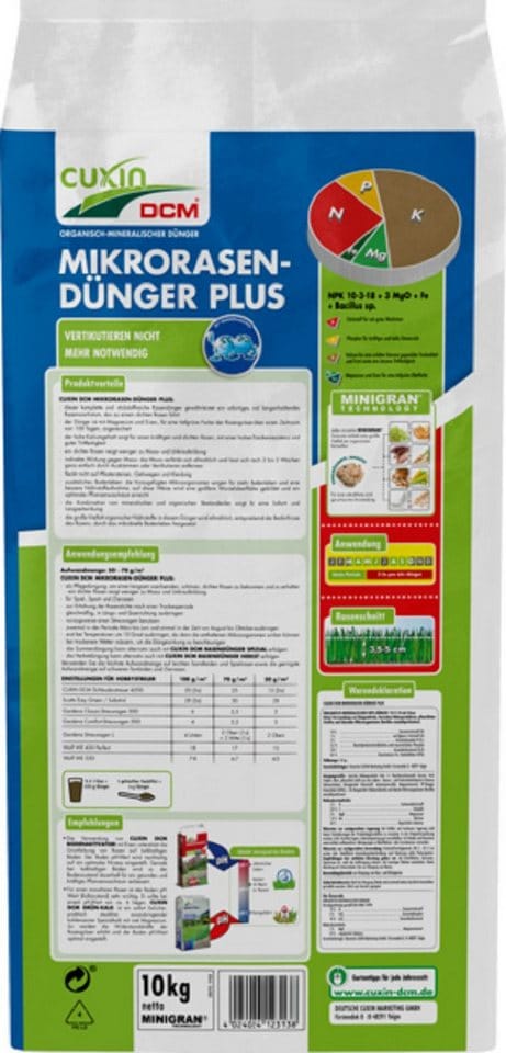 Cuxin DCM Rasendünger DCM Rasendünger Mikro 10kg Plus für 200 qm